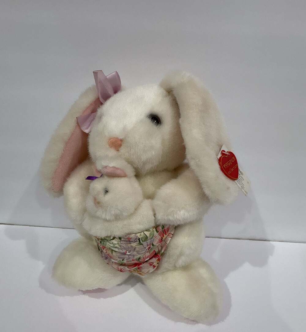 Vintage Russ Berrie Plush White Mother Bunny Rabbit with Baby in Floral Apron